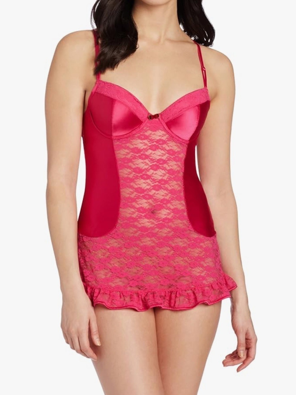 Jezebel Hot Pink Lace Satin Babydoll Lingerie Set Slip with satin g-string Sz S